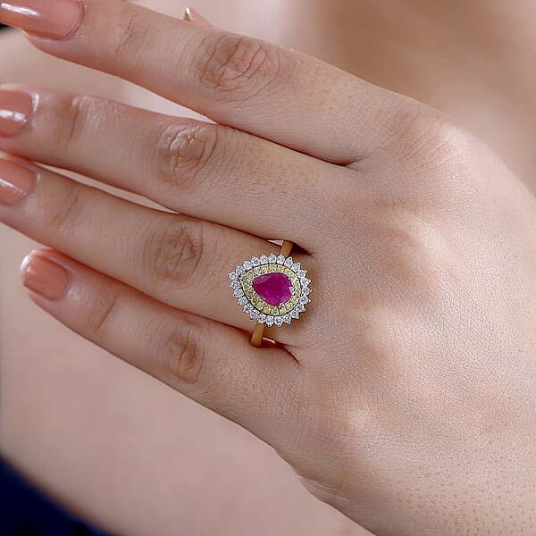 Shop Lc Certified & Appraised Luxoro AAA Royal Ruby I2 Yellow And White Diamond 1.93 Ctw Ring In 10K Yellow Gold 4 Grams