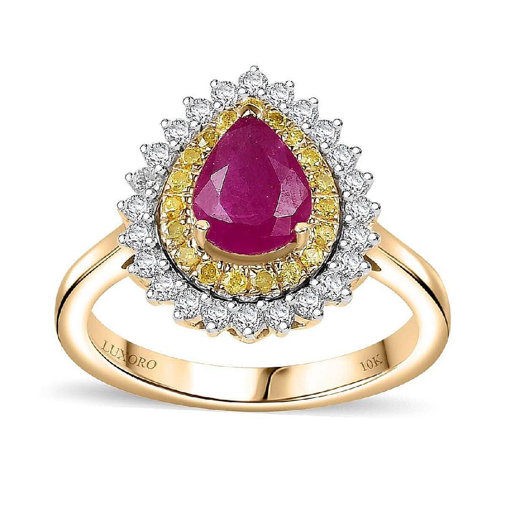 shop lc Certified & Appraised Luxoro AAA Royal Ruby I2 Yellow and White Diamond 1.93 ctw Ring in 10K Yellow Gold 4 Grams