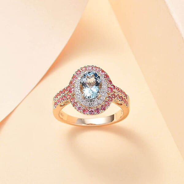 Shop Lc Certified & Appraised Luxoro AAA Santa Maria Aquamarine Mahenge Spinel And I2 Diamond 2.05 Ctw Double Halo Ring In 14K Yellow Gold 5.05 Grams