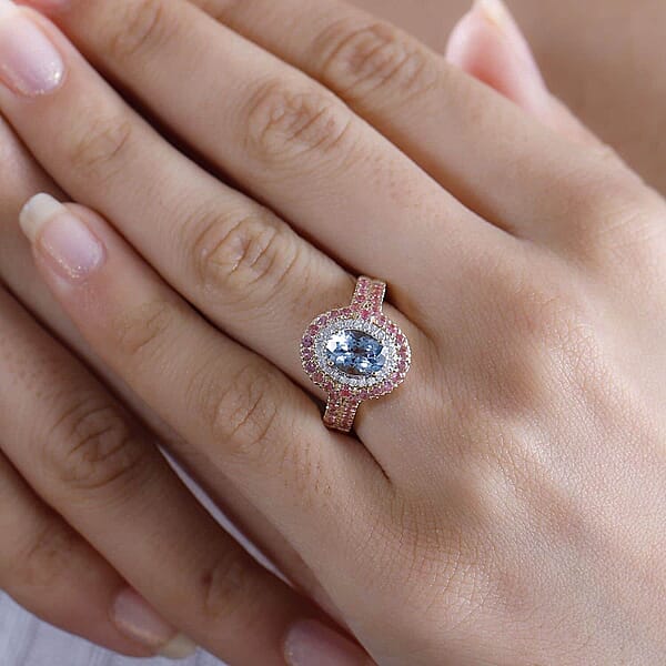 Shop Lc Certified & Appraised Luxoro AAA Santa Maria Aquamarine Mahenge Spinel And I2 Diamond 2.05 Ctw Double Halo Ring In 14K Yellow Gold 5.05 Grams