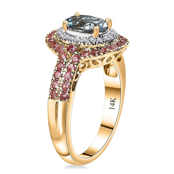 Shop Lc Certified & Appraised Luxoro AAA Santa Maria Aquamarine Mahenge Spinel And I2 Diamond 2.05 Ctw Double Halo Ring In 14K Yellow Gold 5.05 Grams