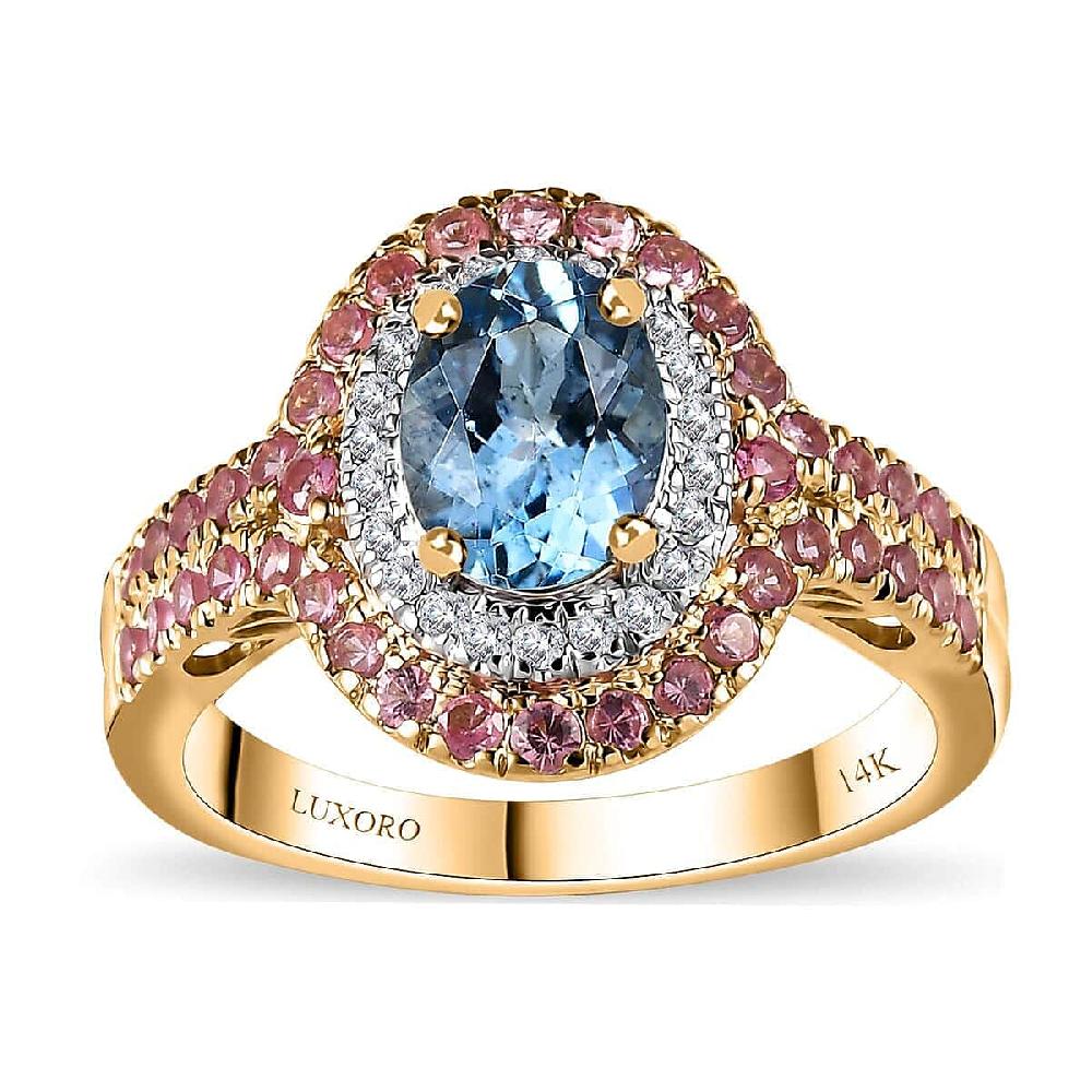 shop lc Certified & Appraised Luxoro AAA Santa Maria Aquamarine Mahenge Spinel and I2 Diamond 2.05 ctw Double Halo Ring in 14K Yellow Gold 5.05 Grams