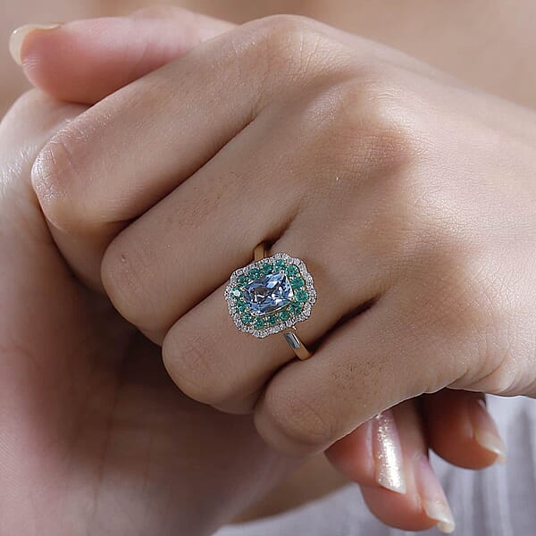 Shop Lc Certified & Appraised Luxoro AAA Santa Maria Aquamarine Boyaca Colombian Emerald And I2 Diamond 1.95 Ctw Ring In 14K Yellow Gold