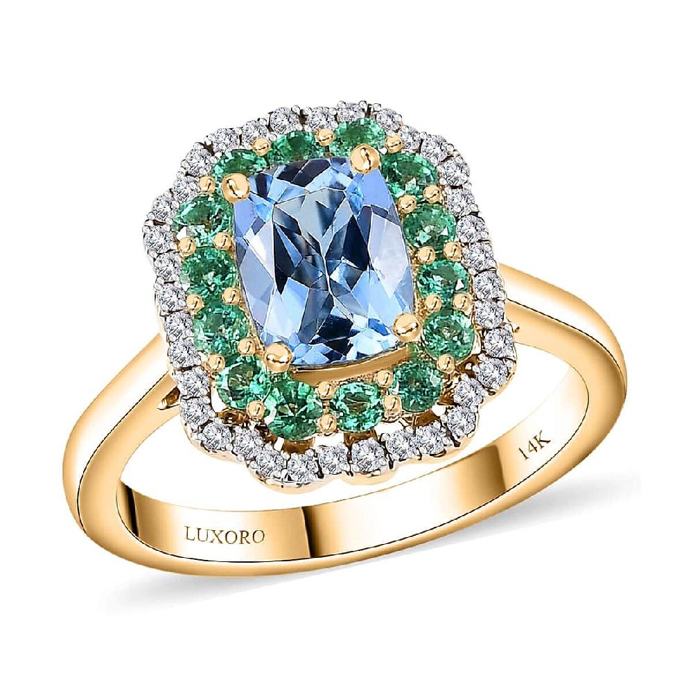 shop lc Certified & Appraised Luxoro AAA Santa Maria Aquamarine Boyaca Colombian Emerald and I2 Diamond 1.95 ctw Ring in 14K Yellow Gold