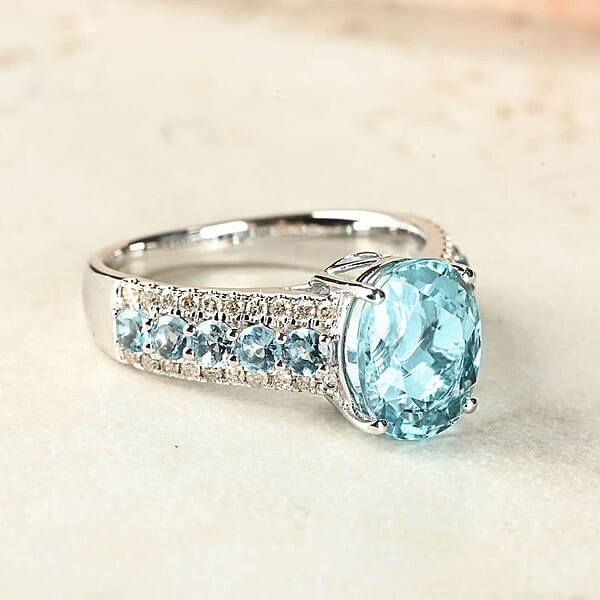 Shop Lc Certified & Appraised Luxoro AAA Santa Maria Aquamarine And G-H I2 Diamond 3.20 Ctw Ring In 14K White Gold 4.56 Grams