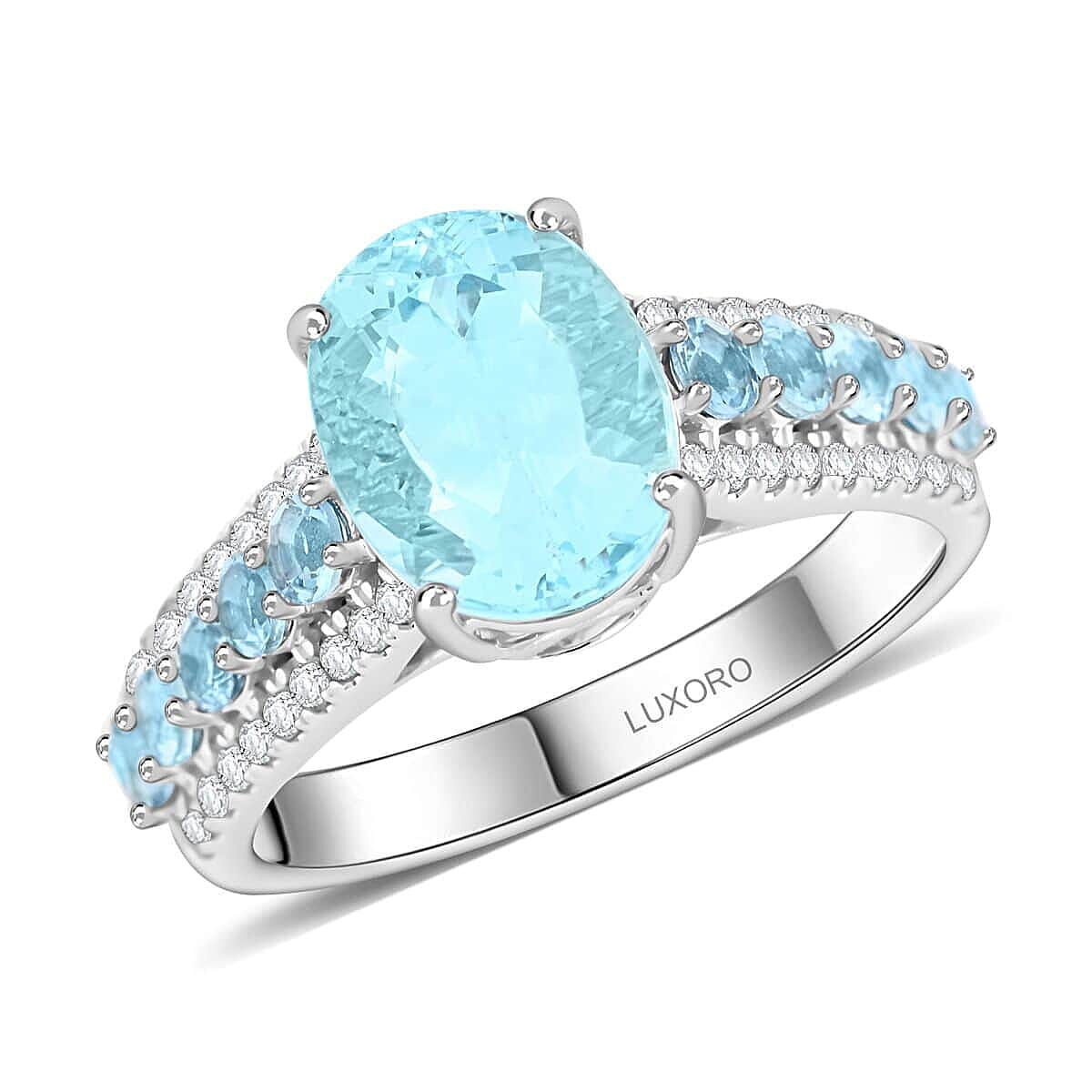 shop lc Certified & Appraised Luxoro AAA Santa Maria Aquamarine and G-H I2 Diamond 3.20 ctw Ring in 14K White Gold 4.56 Grams