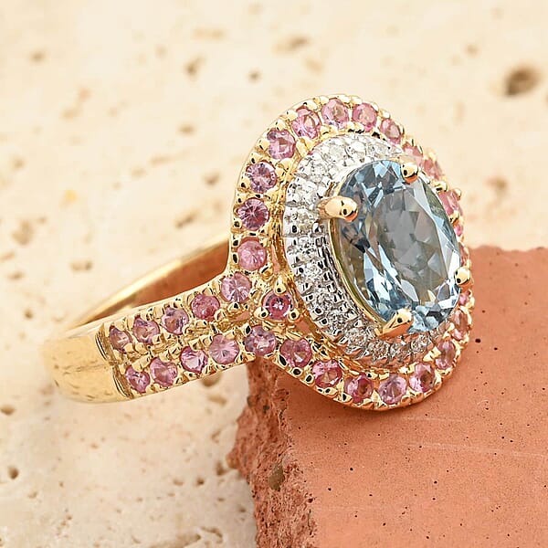Shop Lc Certified & Appraised Luxoro AAA Santa Maria Aquamarine Mahenge Spinel And I2 Diamond 2.05 Ctw Double Halo Ring In 14K Yellow Gold (Size 6.0) 5.05 Grams