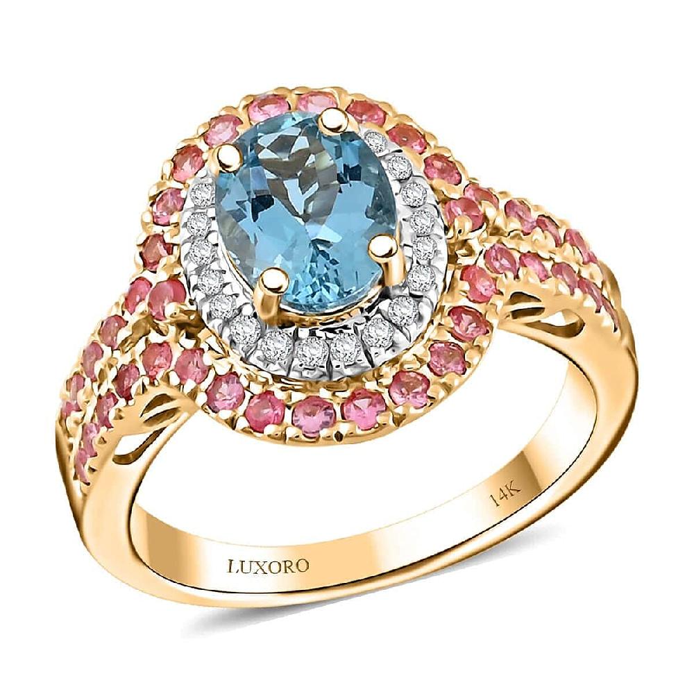 shop lc Certified & Appraised Luxoro AAA Santa Maria Aquamarine Mahenge Spinel and I2 Diamond 2.05 ctw Double Halo Ring in 14K Yellow Gold (Size 6.0) 5.05 Grams
