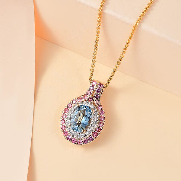 Shop Lc Certified & Appraised Luxoro AAA Santa Maria Aquamarine Mahenge Spinel And I2 Diamond 1.80 Ctw Double Halo Pendant Necklace In 14K Yellow Gold 20 Inches
