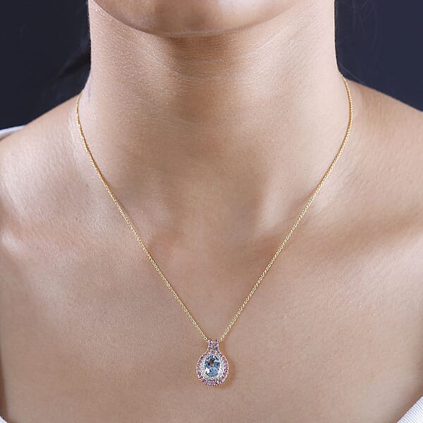Shop Lc Certified & Appraised Luxoro AAA Santa Maria Aquamarine Mahenge Spinel And I2 Diamond 1.80 Ctw Double Halo Pendant Necklace In 14K Yellow Gold 20 Inches
