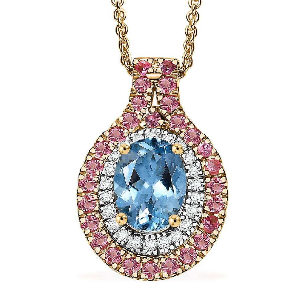 shop lc Certified & Appraised Luxoro AAA Santa Maria Aquamarine Mahenge Spinel and I2 Diamond 1.80 ctw Double Halo Pendant Necklace in 14K Yellow Gold 20 Inches