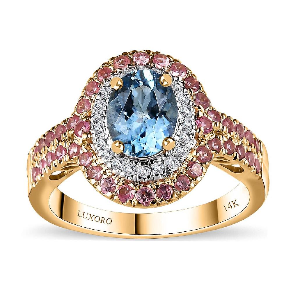 shop lc Certified & Appraised Luxoro AAA Santa Maria Aquamarine Mahenge Spinel and I2 Diamond 2.05 ctw Double Halo Ring in 14K Yellow Gold 5.05 Grams