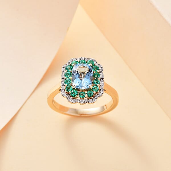 Shop Lc Certified & Appraised Luxoro AAA Santa Maria Aquamarine Boyaca Colombian Emerald And I2 Diamond 1.95 Ctw Ring In 14K Yellow Gold