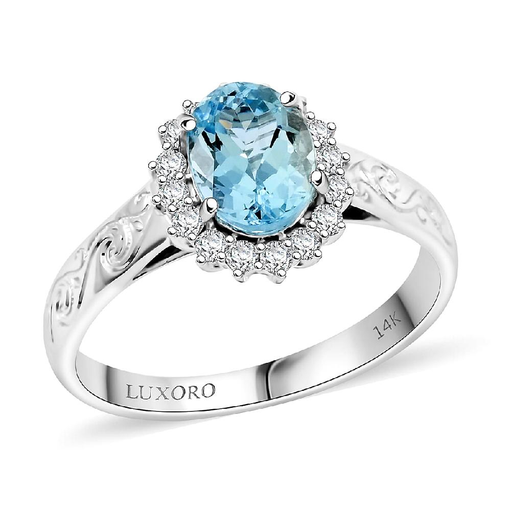 shop lc Certified & Appraised Luxoro AAA Santamaria Aquamarine and White Diamond I2 1.50 ctw Ring in 14K White Gold