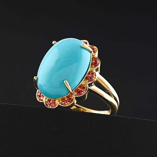 Shop Lc Certified & Appraised Luxoro AAA Sleeping Beauty Turquoise And Padparadscha Sapphire 9.75 Ctw Ring In 10K Yellow Gold 6.15 Grams