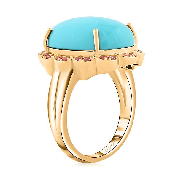 Shop Lc Certified & Appraised Luxoro AAA Sleeping Beauty Turquoise And Padparadscha Sapphire 9.75 Ctw Ring In 10K Yellow Gold 6.15 Grams