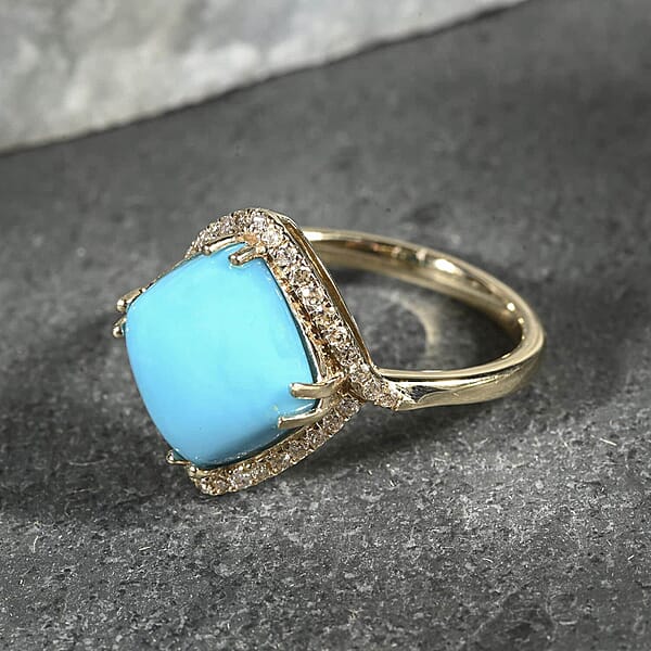 Shop Lc Certified & Appraised Luxoro AAA Sleeping Beauty Turquoise And I2 Diamond 5.00 Ctw Ring In 10K Yellow Gold