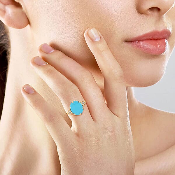 Shop Lc Certified & Appraised Luxoro AAA Sleeping Beauty Turquoise And I2 Diamond 4.50 Ctw Ring In 10K Yellow Gold
