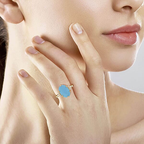 Shop Lc Certified & Appraised Luxoro AAA Sleeping Beauty Turquoise And I2 Diamond 5.00 Ctw Ring In 10K Yellow Gold