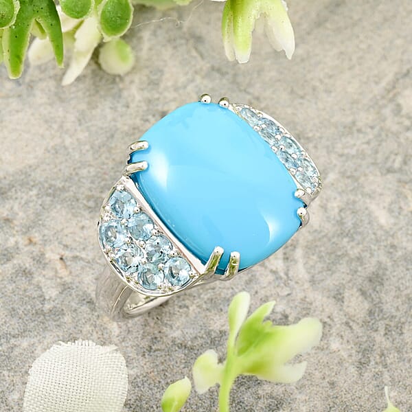 Shop Lc Certified & Appraised Luxoro AAA Sleeping Beauty Turquoise And Santa Maria Aquamarine 8.50 Ctw Ring In 10K White Gold 5.30 Grams