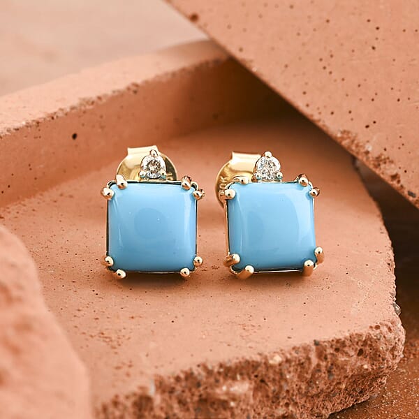 Shop Lc Certified & Appraised Luxoro AAA Sleeping Beauty Turquoise And G-H I2 Diamond 3.60 Ctw Earrings In 10K Yellow Gold