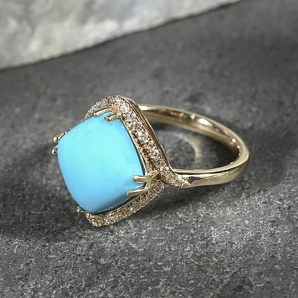 Shop Lc Certified & Appraised Luxoro AAA Sleeping Beauty Turquoise And I2 Diamond 5.00 Ctw Ring In 10K Yellow Gold