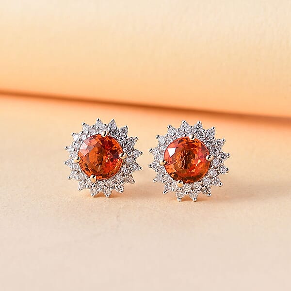 Shop Lc Certified & Appraised Luxoro AAA Songea Sapphire And G-H I2 Diamond 2.20 Ctw Sunburst Stud Earrings In 14K Yellow Gold