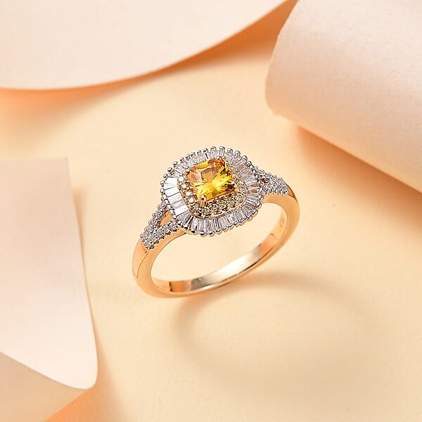 Shop Lc Certified & Appraised Luxoro AAA Songea Sapphire I2 White And Yellow Diamond 1.45 Ctw Double Halo Ring In 14K Yellow Gold
