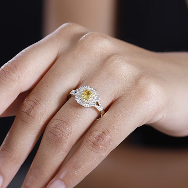Shop Lc Certified & Appraised Luxoro AAA Songea Sapphire I2 White And Yellow Diamond 1.45 Ctw Double Halo Ring In 14K Yellow Gold