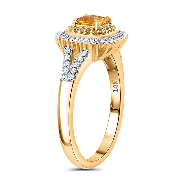 Shop Lc Certified & Appraised Luxoro AAA Songea Sapphire I2 White And Yellow Diamond 1.45 Ctw Double Halo Ring In 14K Yellow Gold