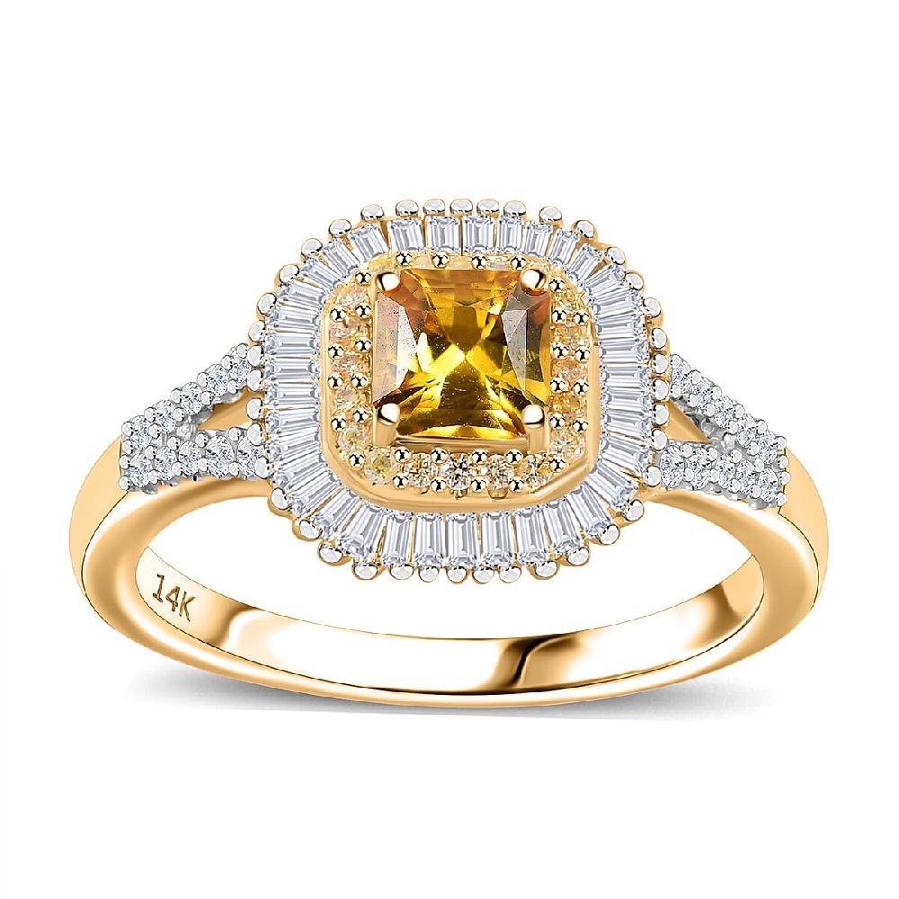 shop lc Certified & Appraised Luxoro AAA Songea Sapphire I2 White and Yellow Diamond 1.45 ctw Double Halo Ring in 14K Yellow Gold
