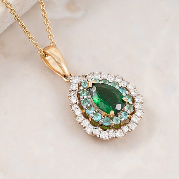 Shop Lc Certified & Appraised Luxoro AAA Tsavorite Garnet AAAA Paraiba Tourmaline And Diamond E-F I2 1.80 Ctw Pendant Necklace In 14K Yellow Gold 20 Inches