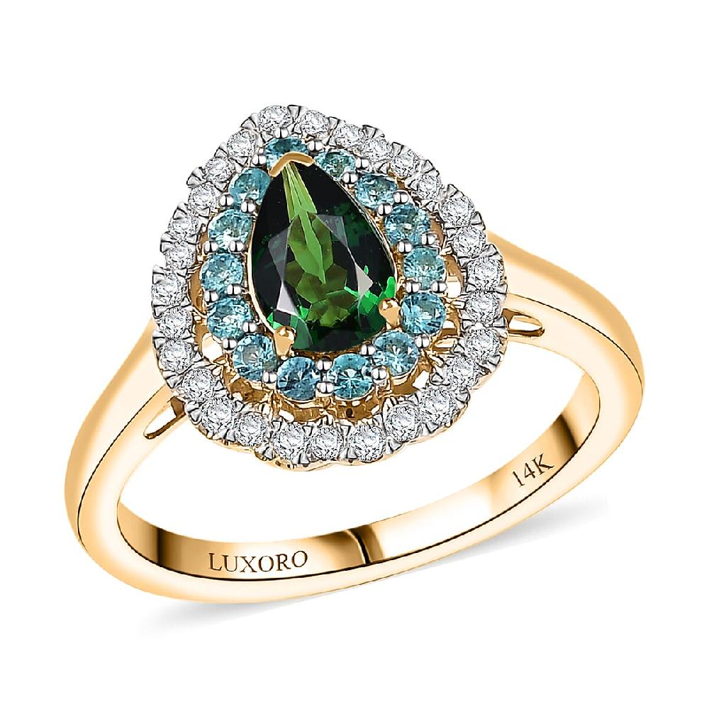 shop lc Certified & Appraised Luxoro AAA Tsavorite Garnet AAAA Paraiba Tourmaline and Diamond E-F I2 1.75 ctw Ring in 14K Yellow Gold