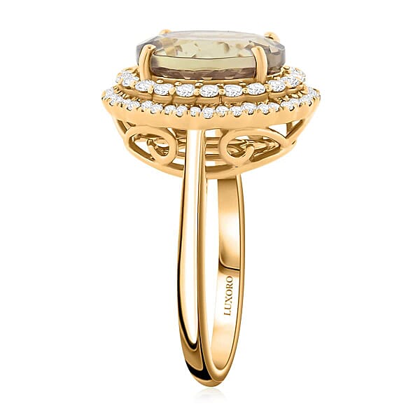 Shop Lc Certified & Appraised Luxoro AAA Turkizite And I2 Diamond 5.05 Ctw Double Halo Ring In 14K Yellow Gold 4.90 Grams (Del. In 10-15 Days)