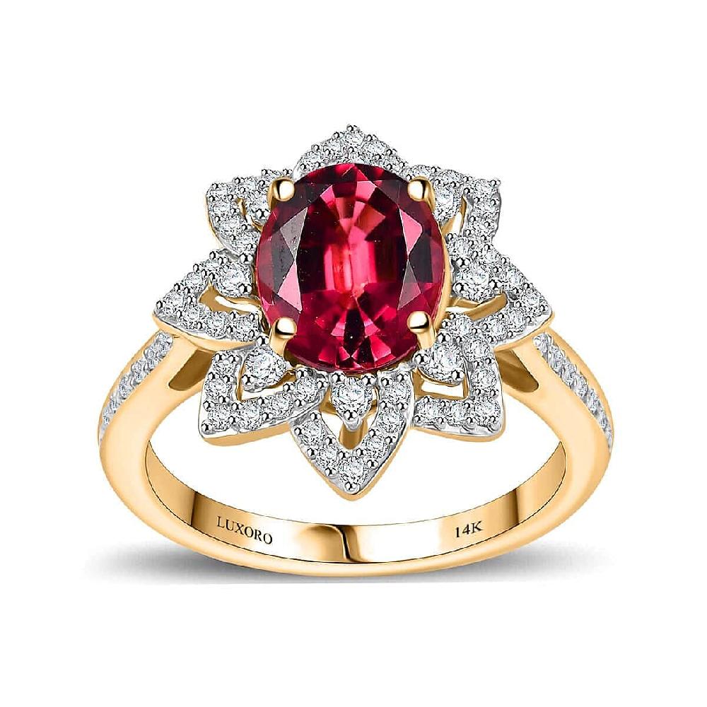 shop lc Certified & Appraised Luxoro AAAA Akwanga Rubellite and G-H I2 Diamond 2.73 ctw Floral Ring in 14K Yellow Gold 4.50 Grams