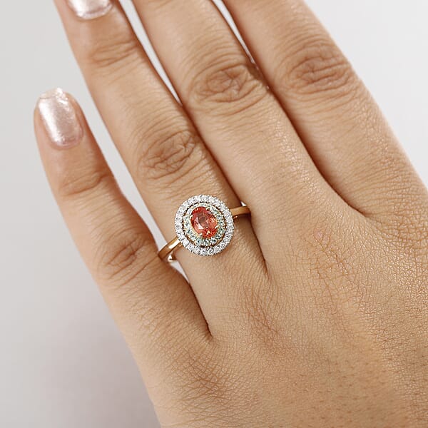 Shop Lc Certified & Appraised Luxoro AAAA Padparadscha Sapphire Paraiba Tourmaline And G-H I2 Diamond 1.60 Ctw Ring In 14K Yellow Gold