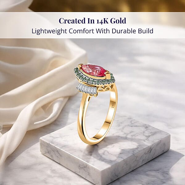 Shop Lc Certified & Appraised Luxoro AAAA Padparadscha Sapphire Paraiba Tourmaline And G-H I2 Diamond 1.55 Ctw Ring In 14K Yellow Gold