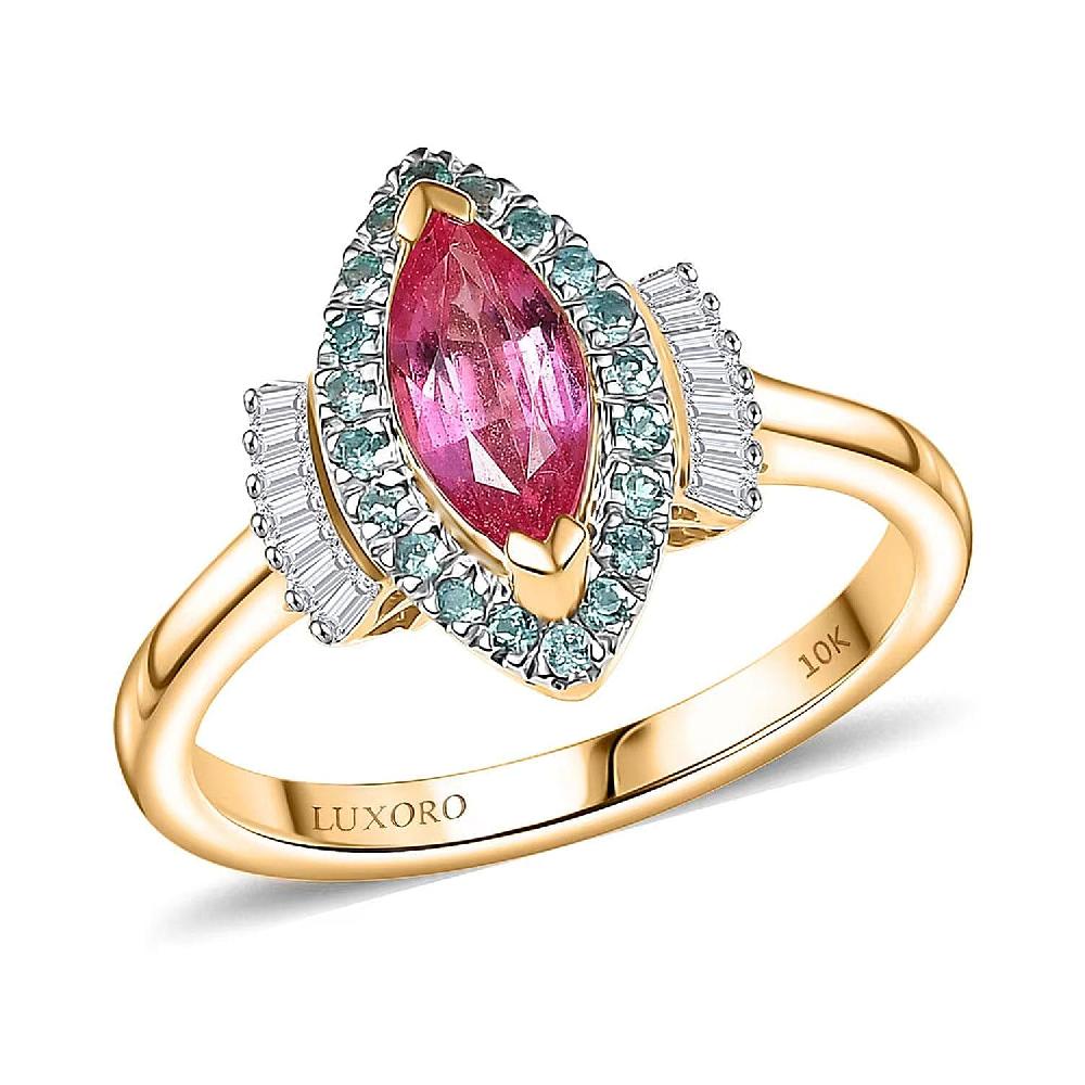 shop lc Certified & Appraised Luxoro AAAA Padparadscha Sapphire Paraiba Tourmaline and G-H I2 Diamond 1.55 ctw Ring in 14K Yellow Gold