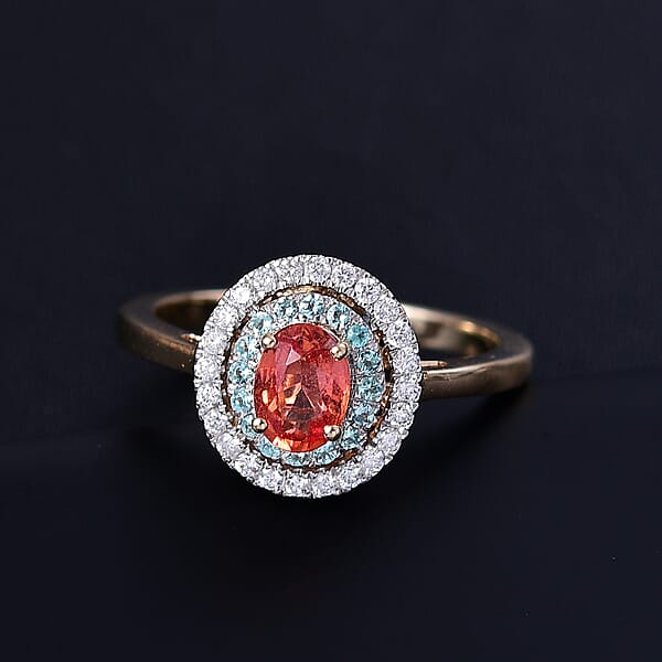 Shop Lc Certified & Appraised Luxoro AAAA Padparadscha Sapphire Paraiba Tourmaline And G-H I2 Diamond 1.60 Ctw Ring In 14K Yellow Gold