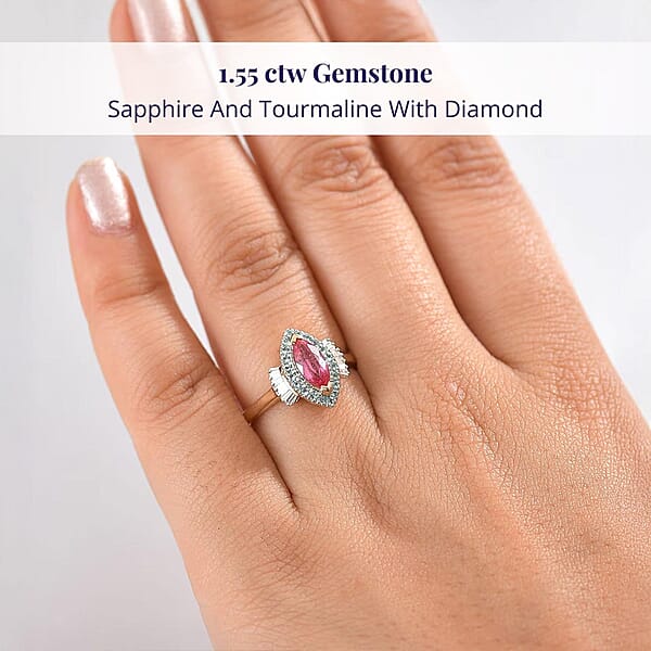 Shop Lc Certified & Appraised Luxoro AAAA Padparadscha Sapphire Paraiba Tourmaline And G-H I2 Diamond 1.55 Ctw Ring In 14K Yellow Gold