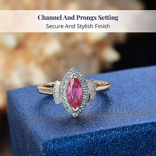 Shop Lc Certified & Appraised Luxoro AAAA Padparadscha Sapphire Paraiba Tourmaline And G-H I2 Diamond 1.55 Ctw Ring In 14K Yellow Gold