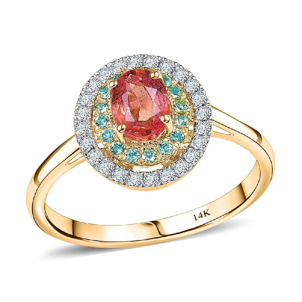shop lc Certified & Appraised Luxoro AAAA Padparadscha Sapphire Paraiba Tourmaline and G-H I2 Diamond 1.60 ctw Ring in 14K Yellow Gold