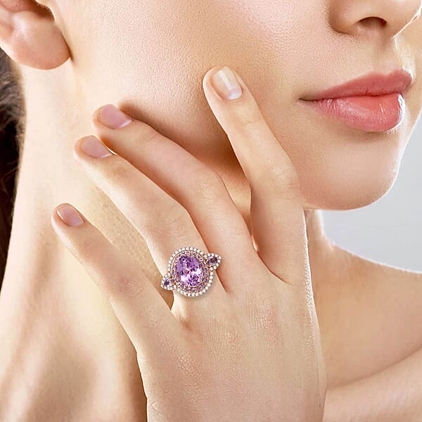 Shop Lc Certified & Appraised Luxoro AAAA Patroke Kunzite Pink Sapphire And G-H I2 Diamond 4.75 Ctw Ring In 14K Rose Gold 5.10 Grams