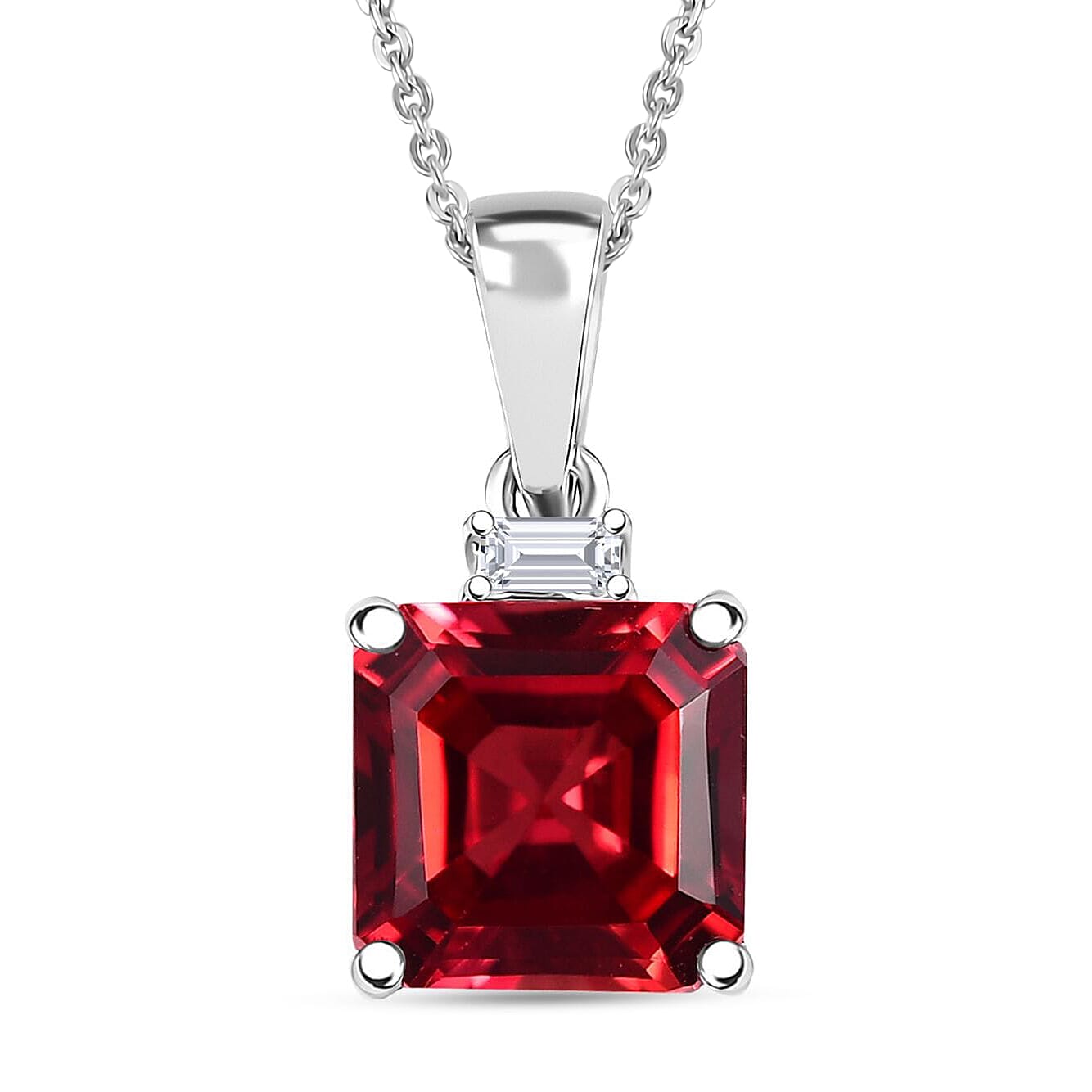 shop lc Certified & Appraised Luxuriant 10K White Gold AAA Asscher Cut Lab Grown Padparadscha Sapphire Lab Grown Diamond (E-F VS) Pendant Necklace (18 Inches) 3.52 ctw