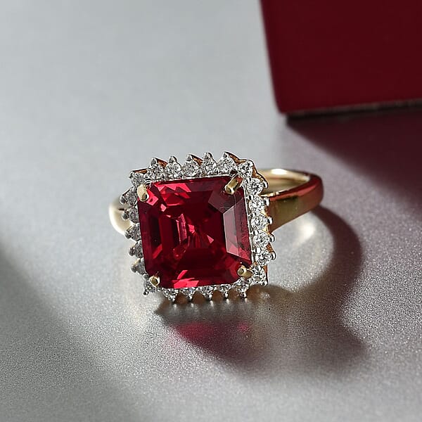 Shop Lc Certified & Appraised Luxuriant 10K Yellow Gold AAA Asscher Cut Lab Grown Padparadscha Sapphire E-F VS Lab Grown Diamond 6.89 Ctw Ring