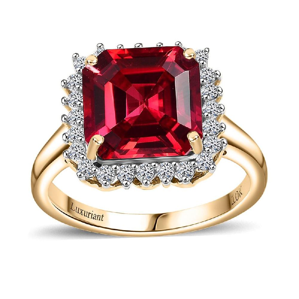 shop lc Certified & Appraised Luxuriant 10K Yellow Gold AAA Asscher Cut Lab Grown Padparadscha Sapphire E-F VS Lab Grown Diamond 6.89 ctw Ring