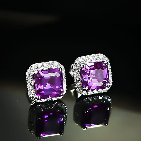 Shop Lc Certified & Appraised Luxuriant AAA Asscher Cut Lab Grown Purple Sapphire And E-F VS Lab Grown Diamond 5.16 Ctw Earrings In 10K White Gold