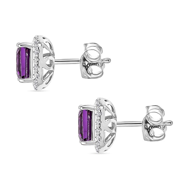 Shop Lc Certified & Appraised Luxuriant AAA Asscher Cut Lab Grown Purple Sapphire And E-F VS Lab Grown Diamond 5.16 Ctw Earrings In 10K White Gold