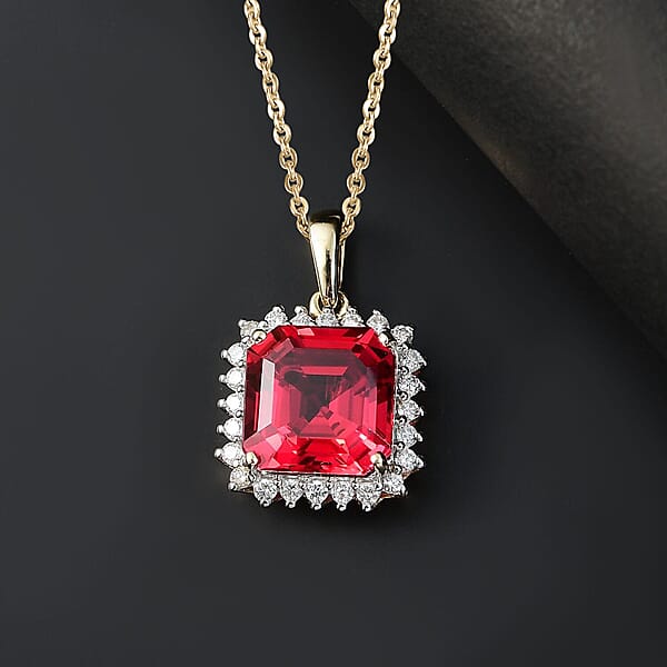 Shop Lc Certified & Appraised Luxuriant AAA Asscher Cut Lab Grown Padparadscha Sapphire And E-F VS Lab Grown Diamond 6.50 Ctw Pendant Necklace In 10K Yellow Gold 18 Inches