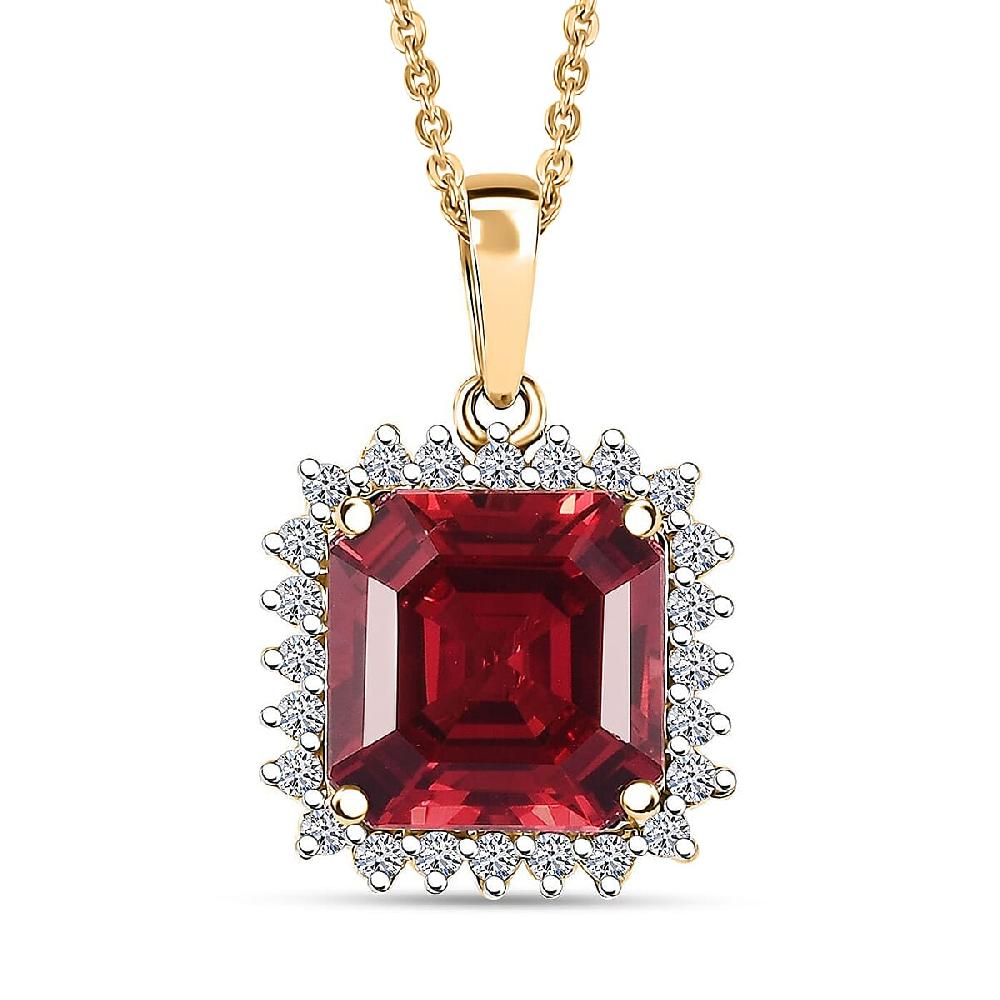 shop lc Certified & Appraised Luxuriant AAA Asscher Cut Lab Grown Padparadscha Sapphire and E-F VS Lab Grown Diamond 6.50 ctw Pendant Necklace in 10K Yellow Gold 18 Inches